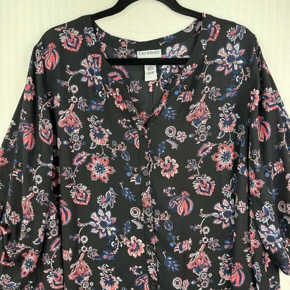 Catherine’s Black Peasant Blouse Women 2X Sheer Button Up Boho Chic Pink Floral - Picture 7 of 9